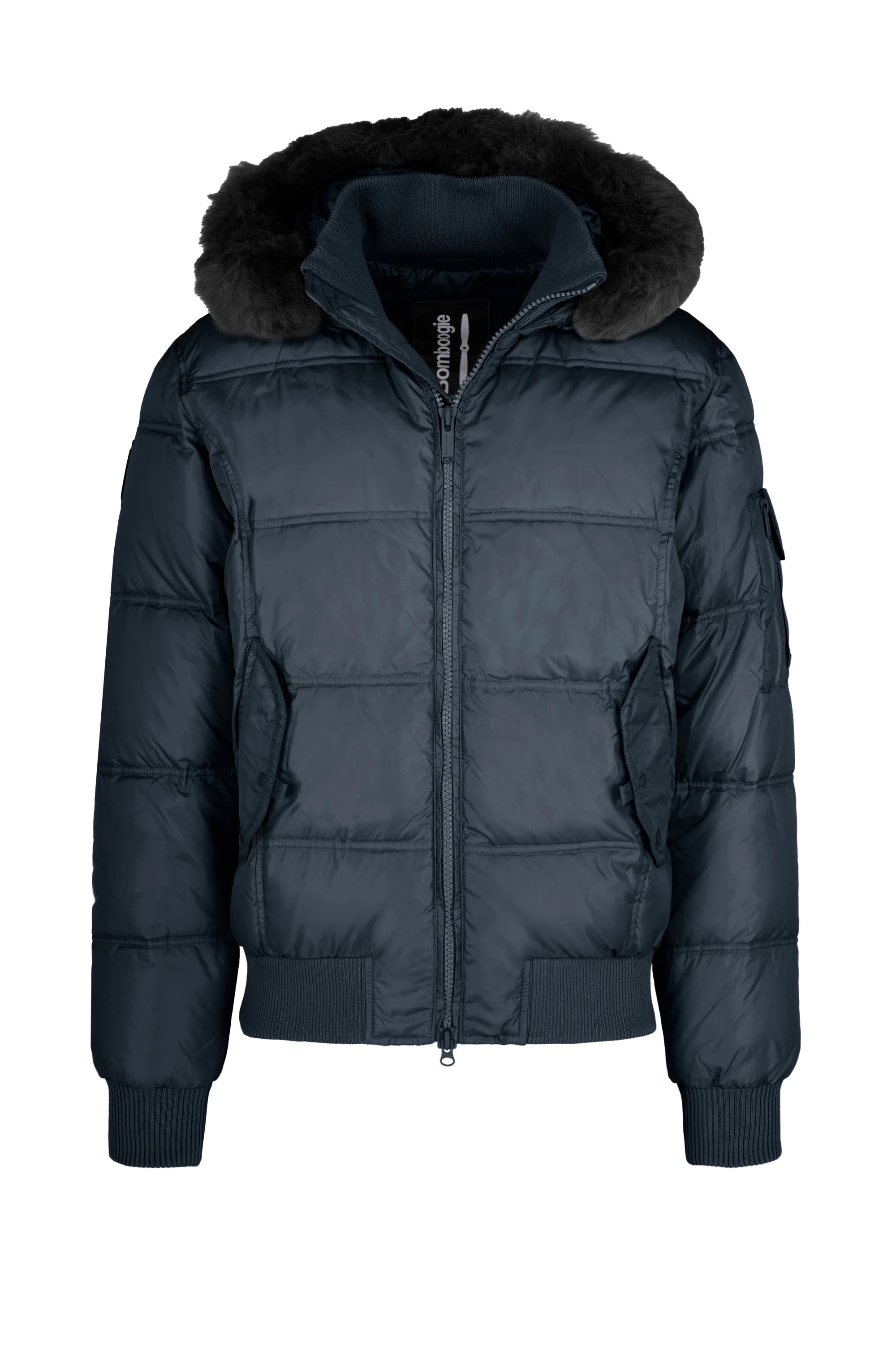 Bomber Imbottito in Piuma con Bordo Cappuccio in Vera Pelliccia Nera - Image 13