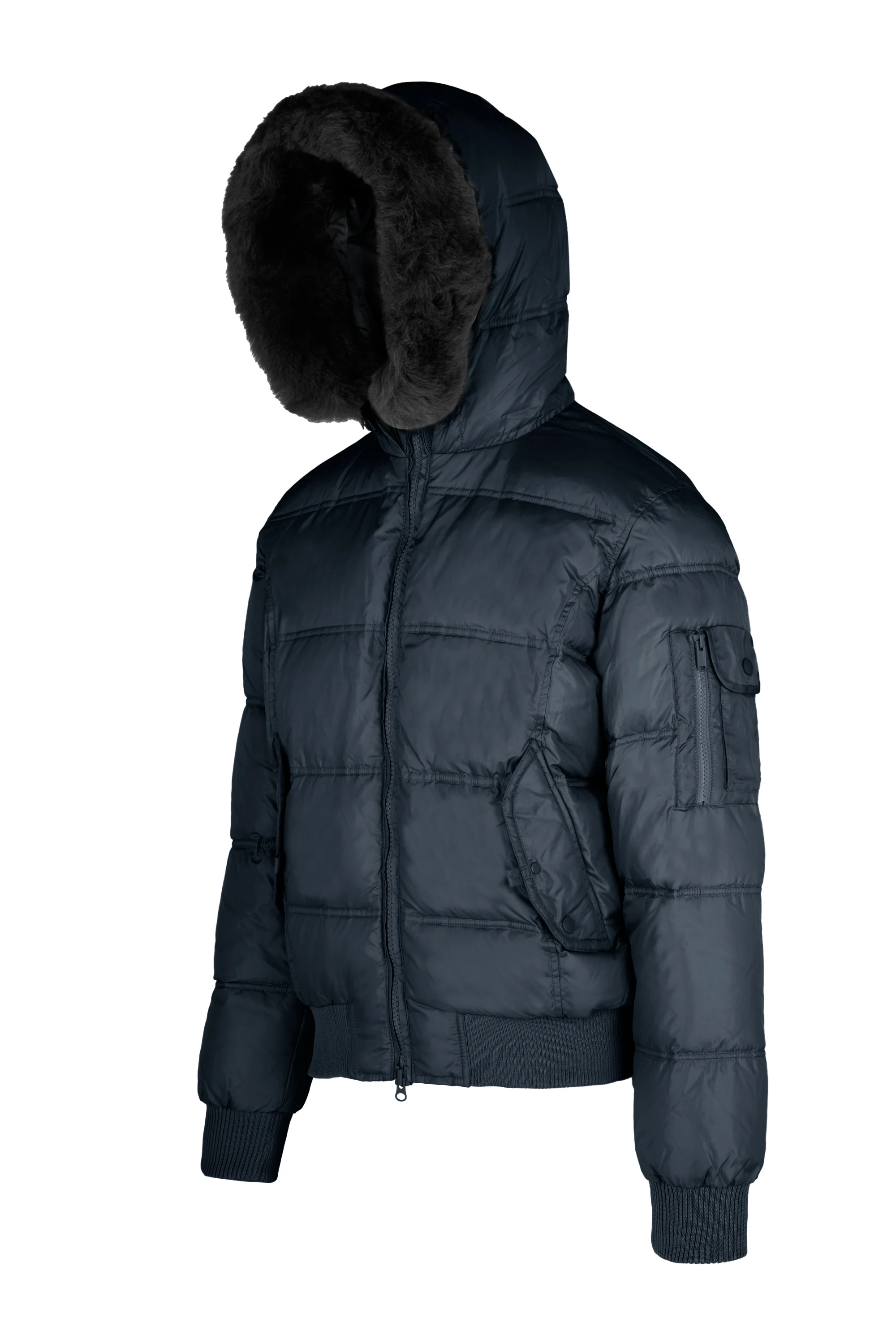 Bomber Imbottito in Piuma con Bordo Cappuccio in Vera Pelliccia Nera - Image 14