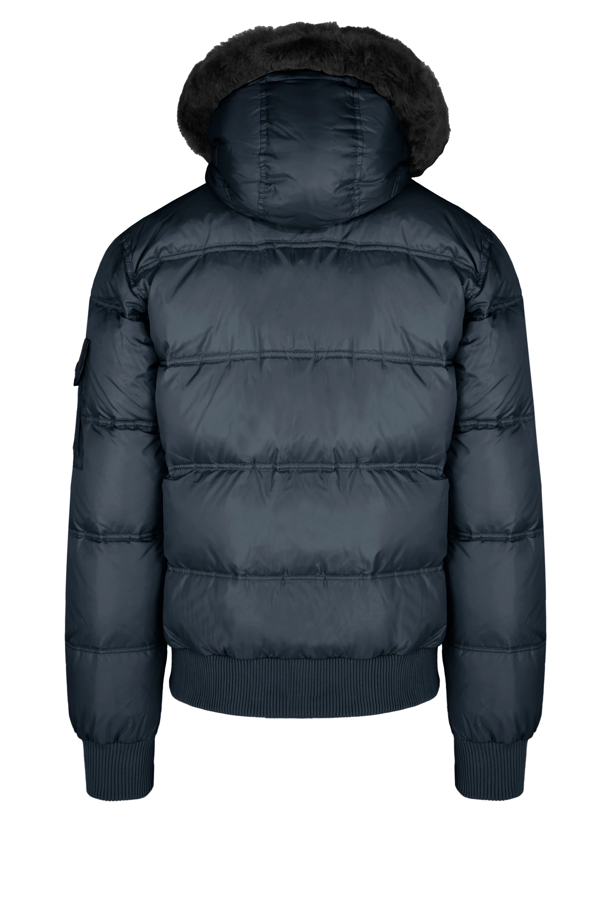 Bomber Imbottito in Piuma con Bordo Cappuccio in Vera Pelliccia Nera - Image 15