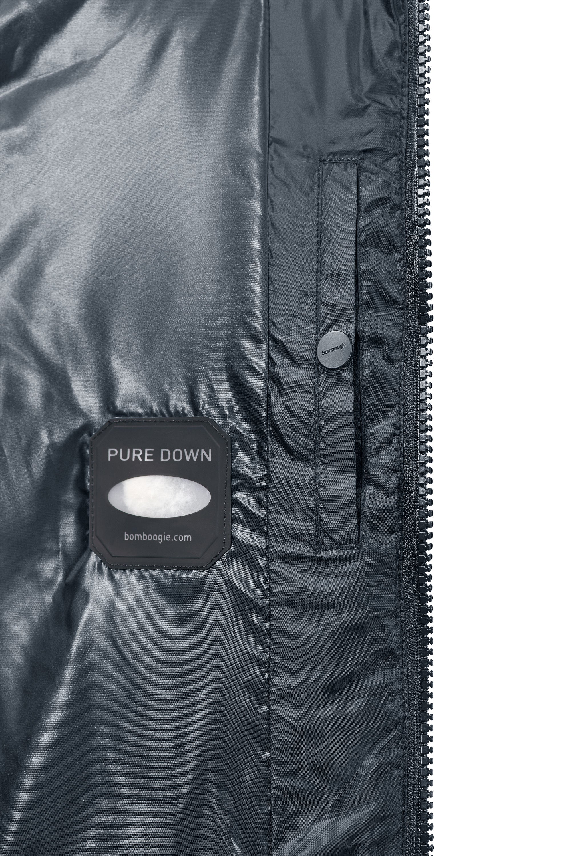 Bomber Imbottito in Piuma con Bordo Cappuccio in Vera Pelliccia Nera - Image 16