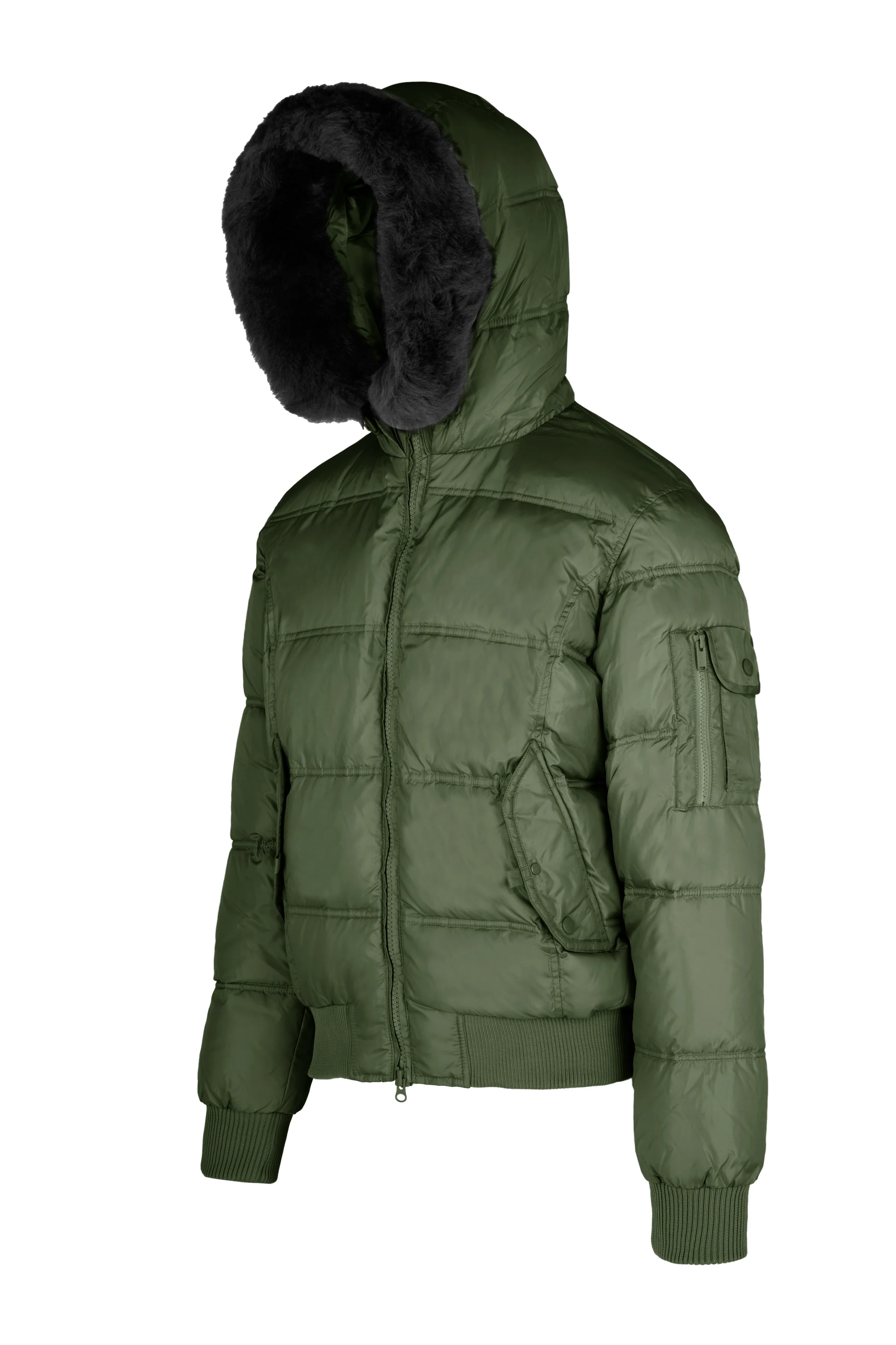 Bomber Imbottito in Piuma con Bordo Cappuccio in Vera Pelliccia Nera - Image 18