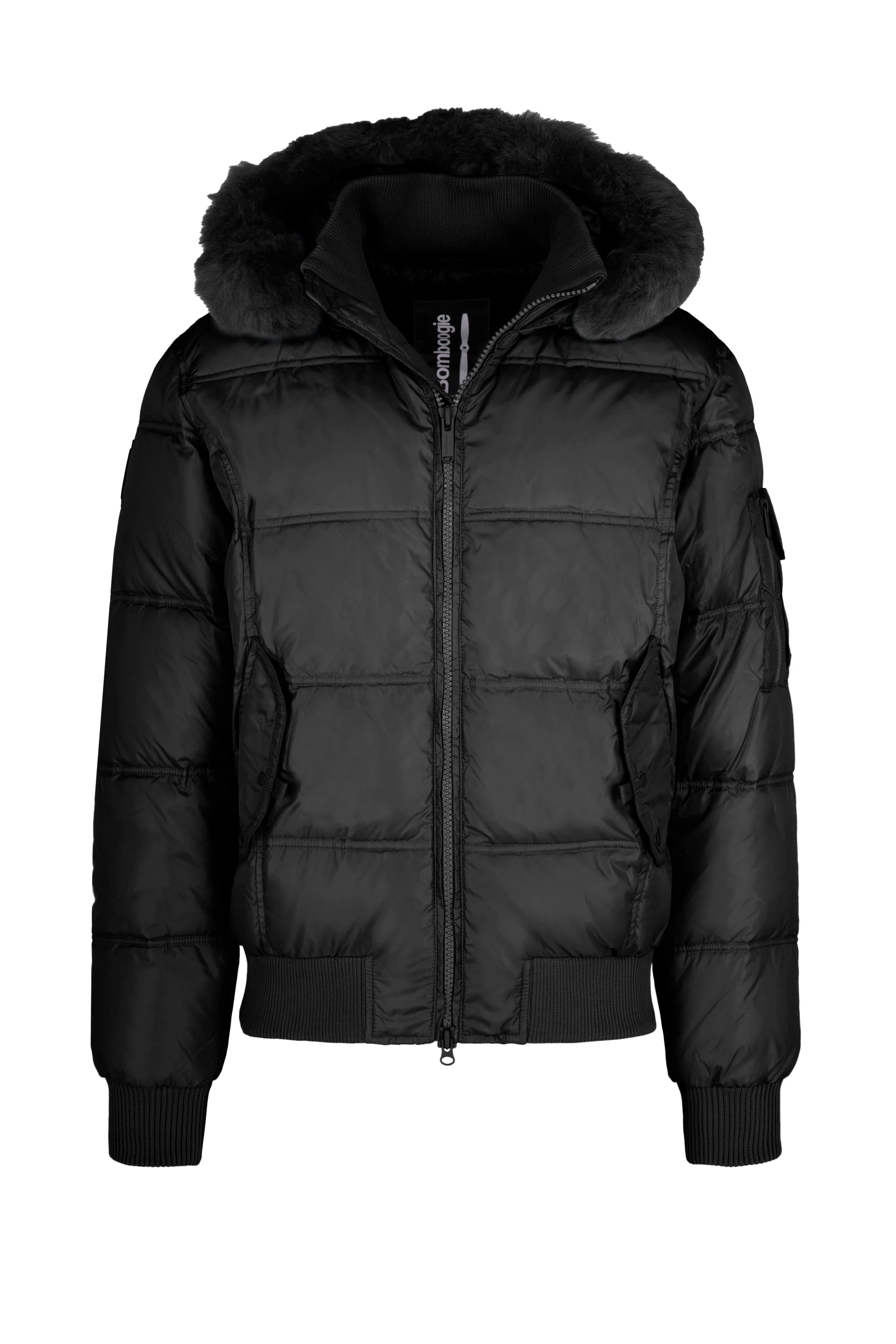 Bomber Imbottito in Piuma con Bordo Cappuccio in Vera Pelliccia Nera - Image 5