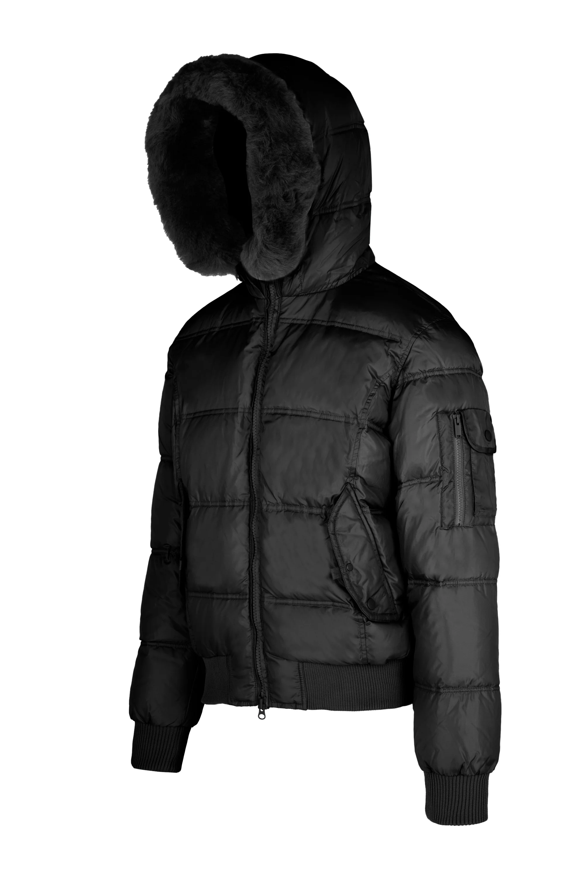 Bomber Imbottito in Piuma con Bordo Cappuccio in Vera Pelliccia Nera - Image 6