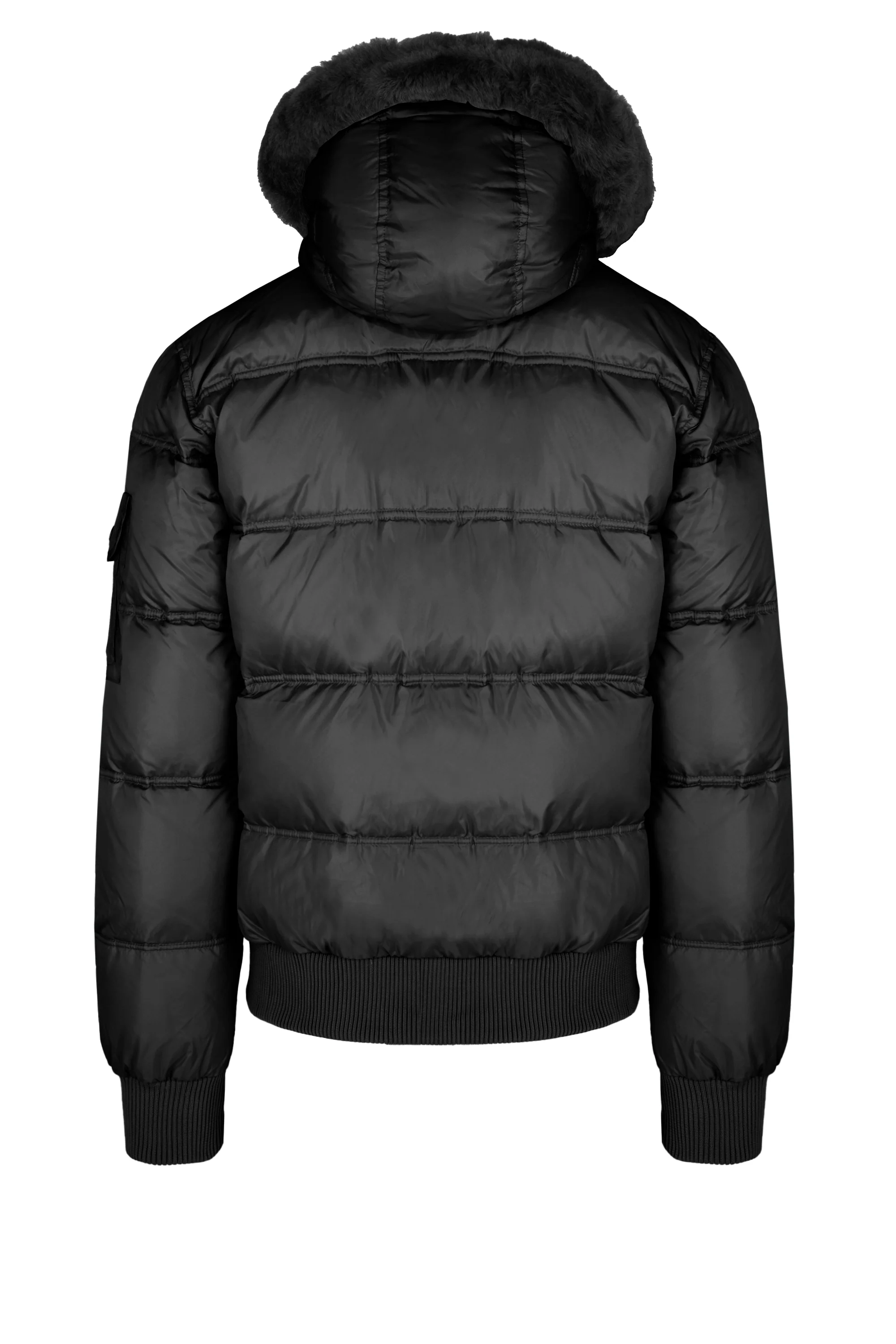 Bomber Imbottito in Piuma con Bordo Cappuccio in Vera Pelliccia Nera - Image 7