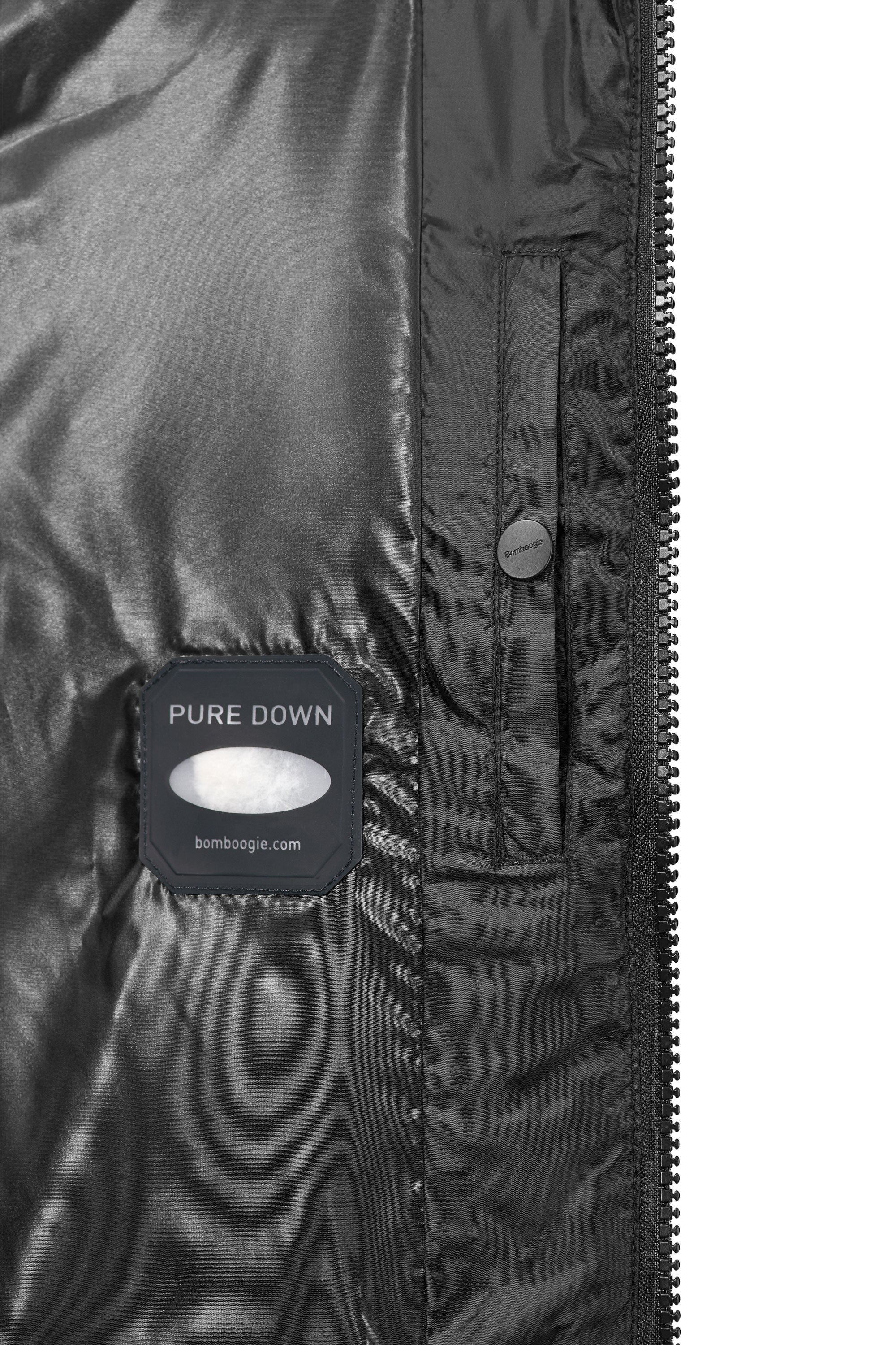 Bomber Imbottito in Piuma con Bordo Cappuccio in Vera Pelliccia Nera - Image 8
