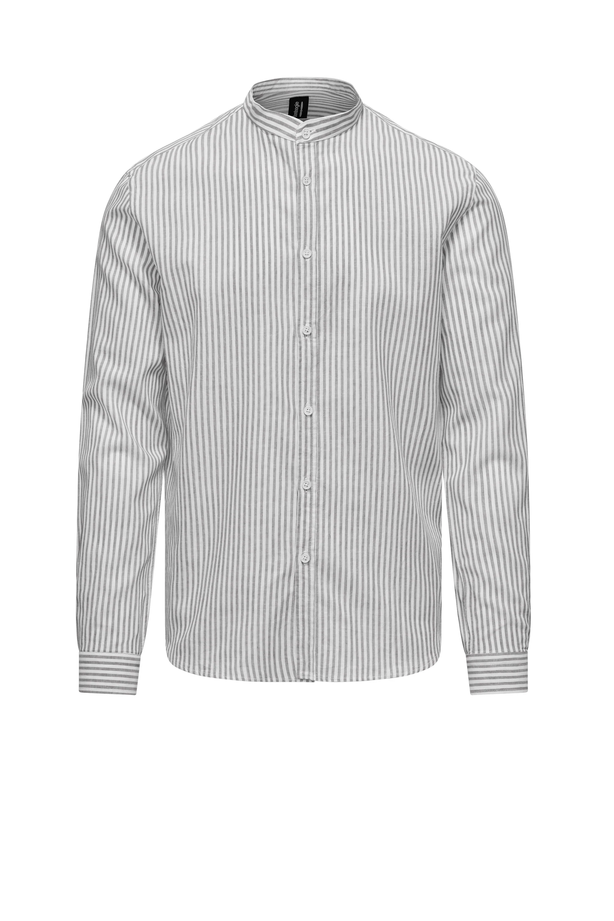 Camicia in Lino/Cotone a Righe con Collo alla Coreana - Image 15