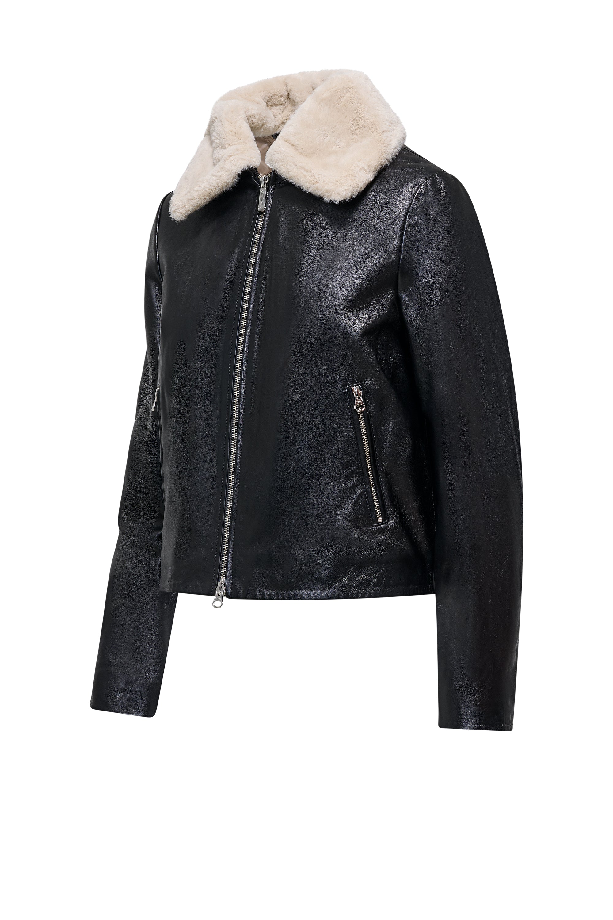 Giacca corta da donna in vera pelle con colletto staccabile in pelliccetta - Image 7
